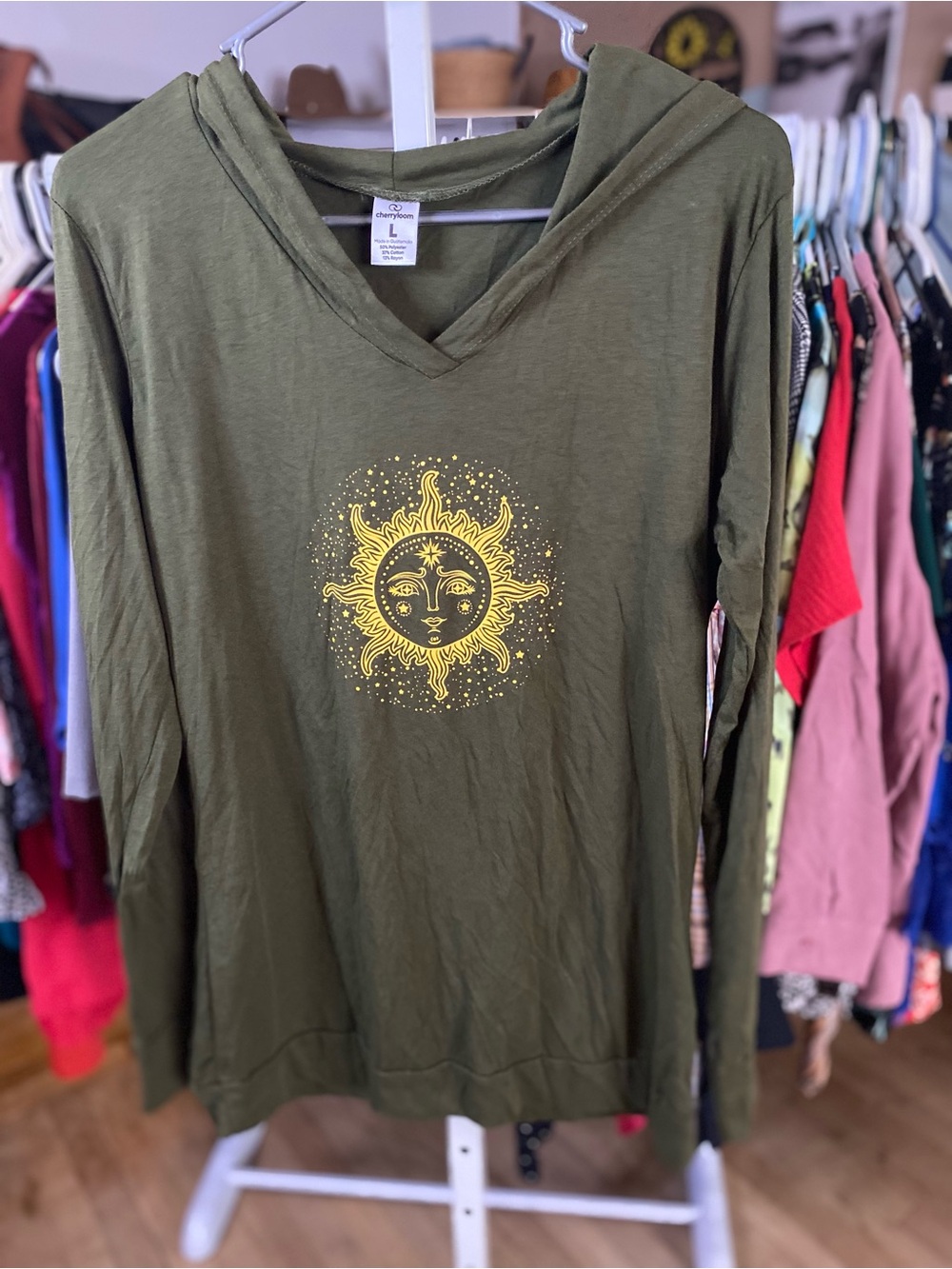 Olive Hooded V-Neck Sweatshirt with Yellow Sun Motif